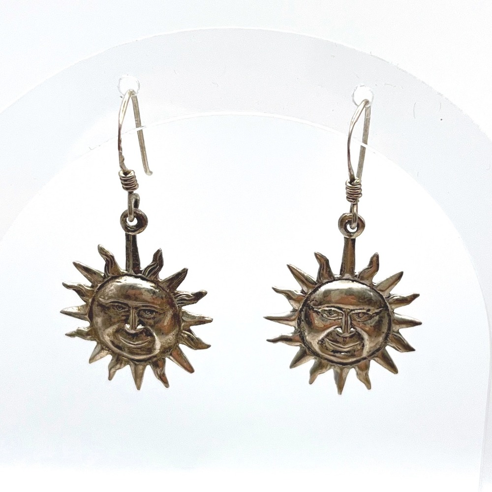 Vintage Sterling Silver‎ Sun Face Celestial Drop Dangle Earrings 925 Sunburst